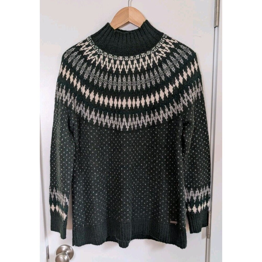 Eddie Bauer Wool Mohair Fair Isle Mock Turtleneck Sweater L Green Holidays Cabin